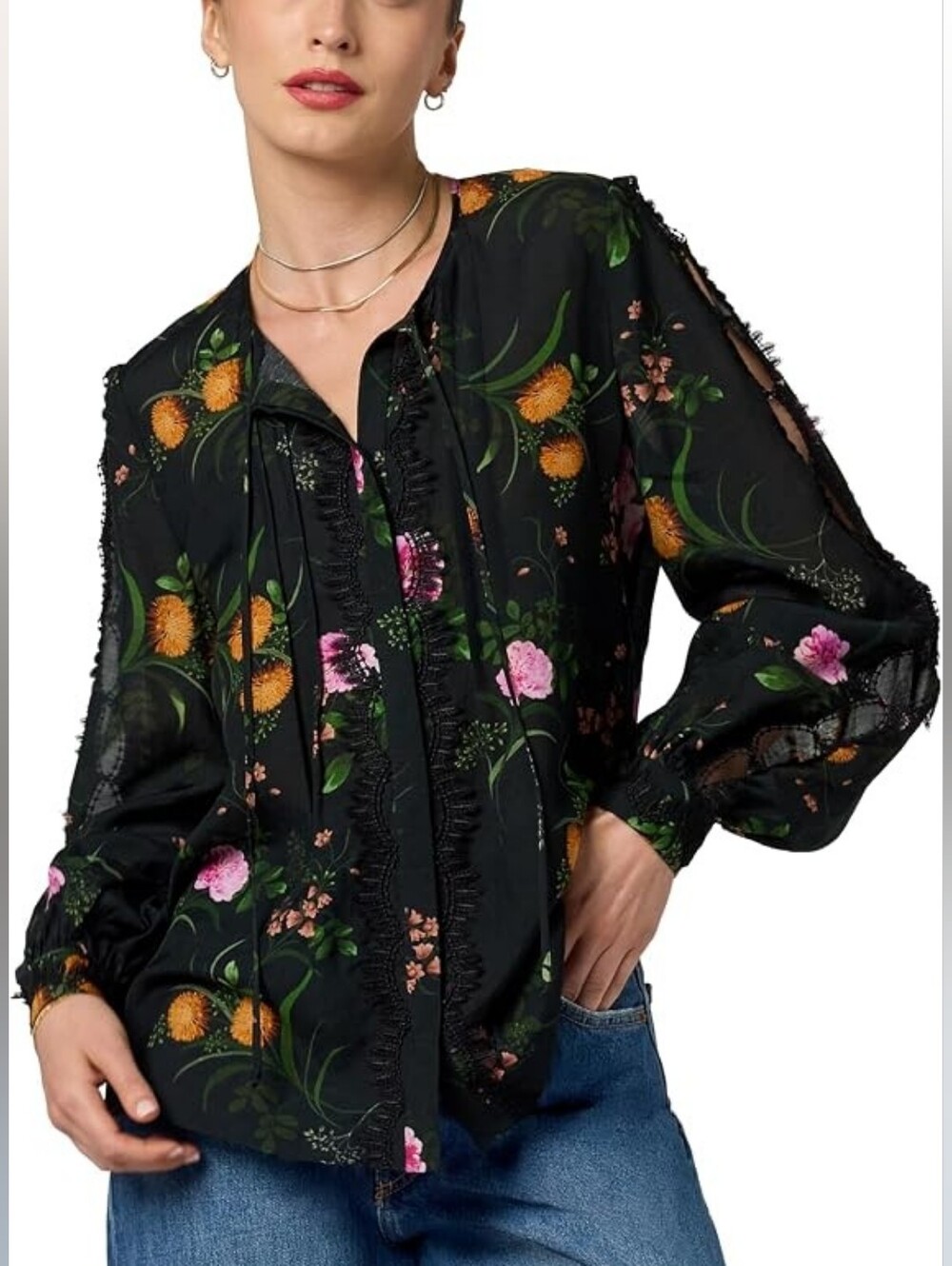 Kobi Halperin Ren Blouse Black Floral Cut Out Long Sleeve Size S NEW
